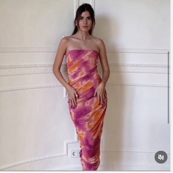 Zara Pink & Orange Printed Tulle Strapless Midi Dress – Size M | Worn Once - Picture 7 of 12